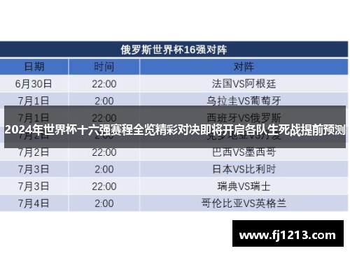 2024年世界杯十六强赛程全览精彩对决即将开启各队生死战提前预测